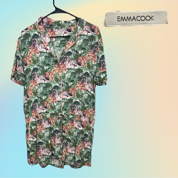 Hard to Find EMMA COOK Viscose Hawaiian Tiger Print Short Sleeve Romper M/L - Picture 1 of 9